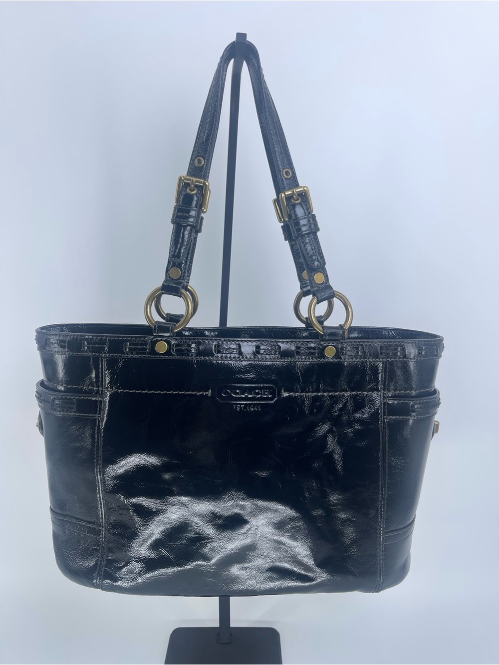 Coach Black Classic Collection Laced Patent Leather Shoulder Tote